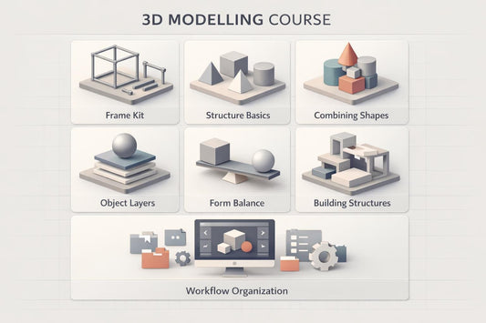 Illustrations of 3D modeling concepts with icons and text on a light gray background