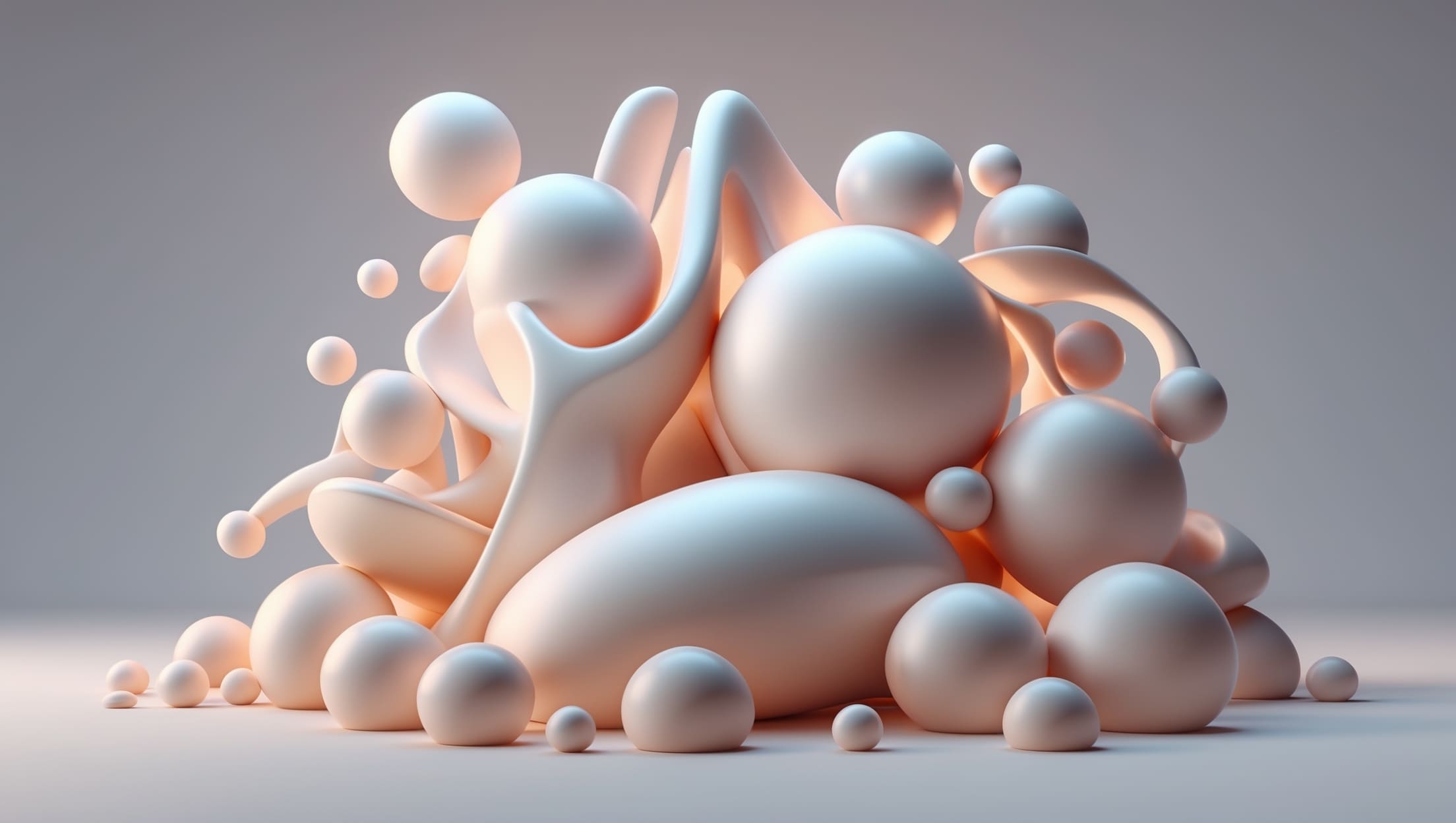 Abstract sculpture of white and peach-colored spheres on a neutral background