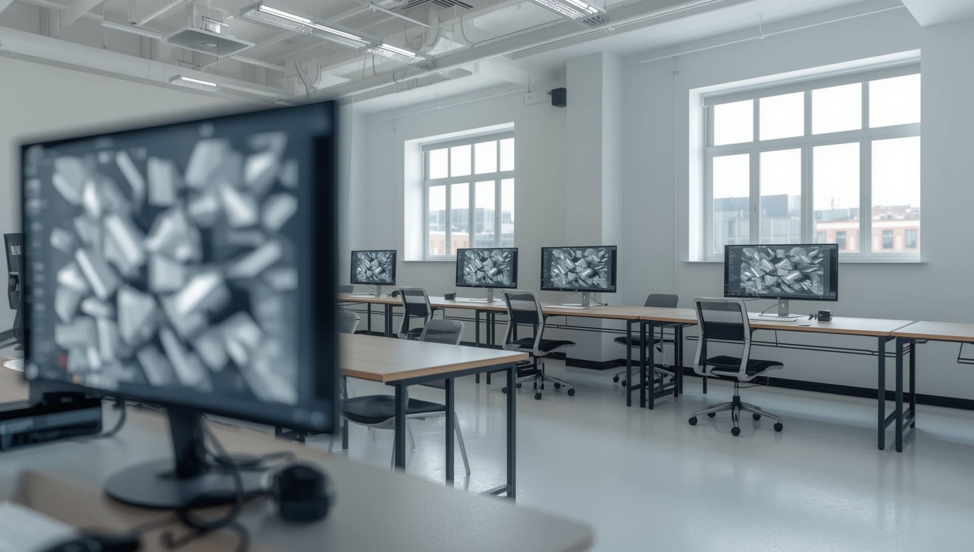 Modern classroom with multiple computer monitors on desks