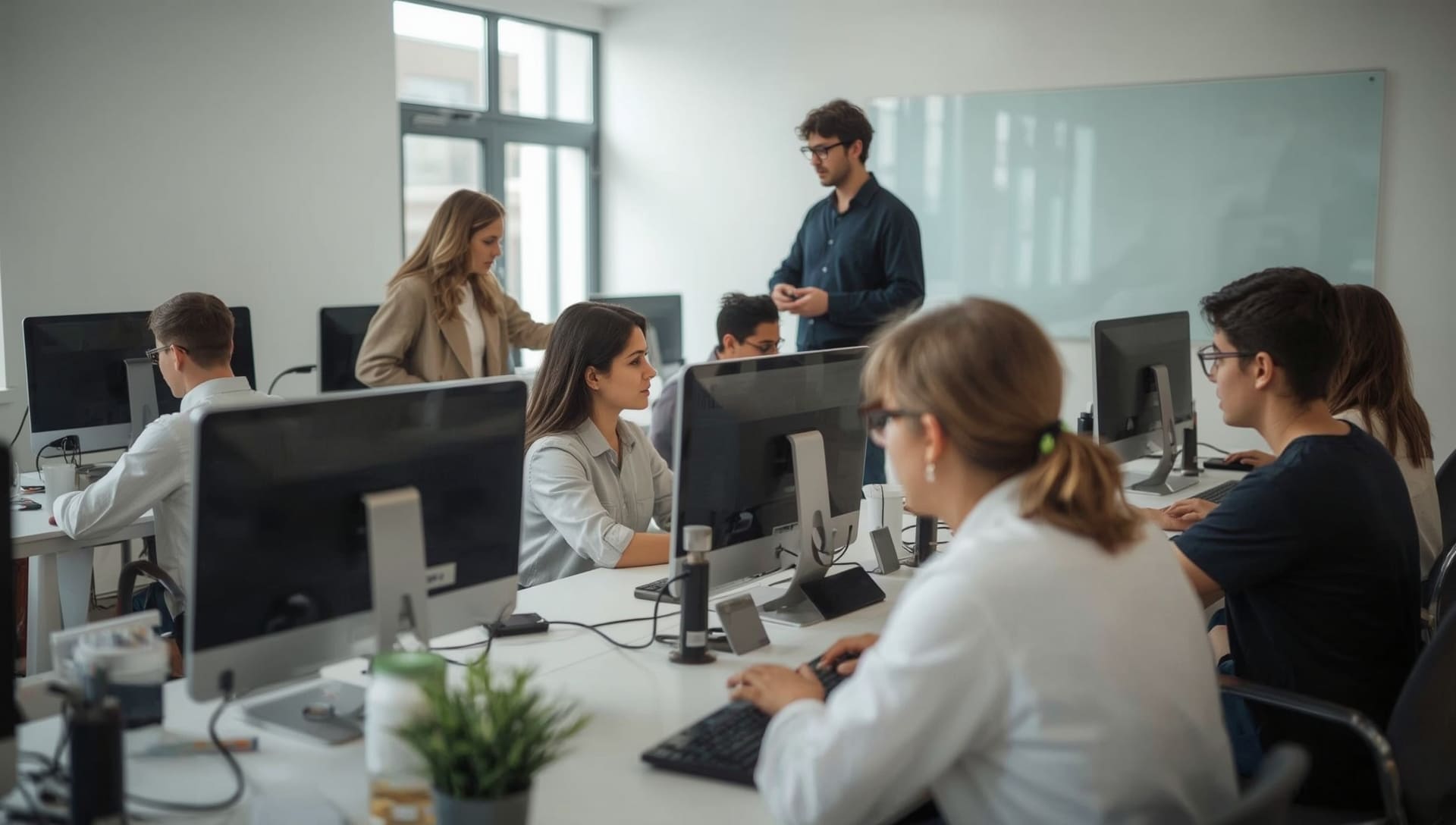 People working at computers in a modern office setting