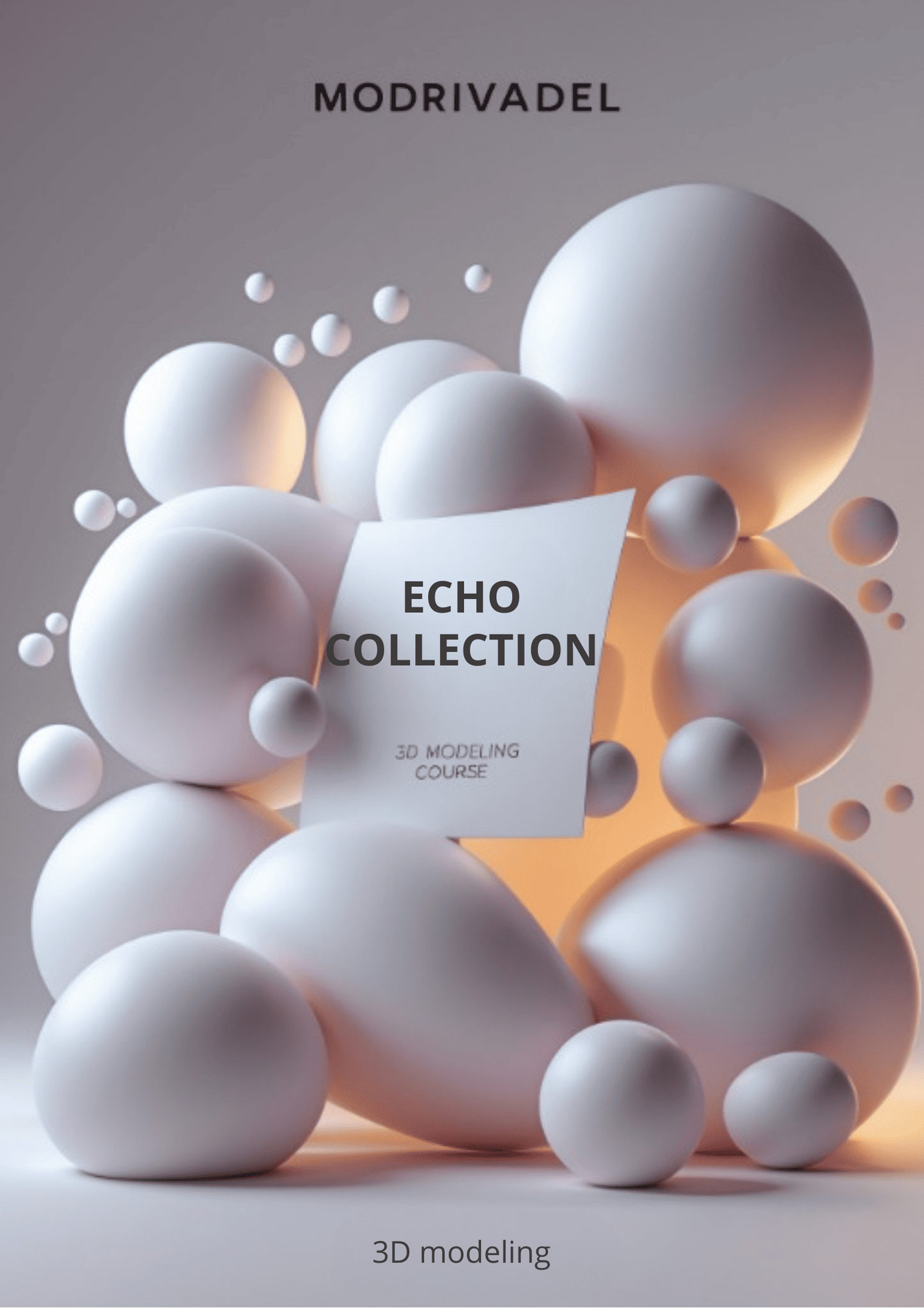 Promotional image for 'Echo Collection' 3D modeling course by Modrivadel with white spheres and a card.
