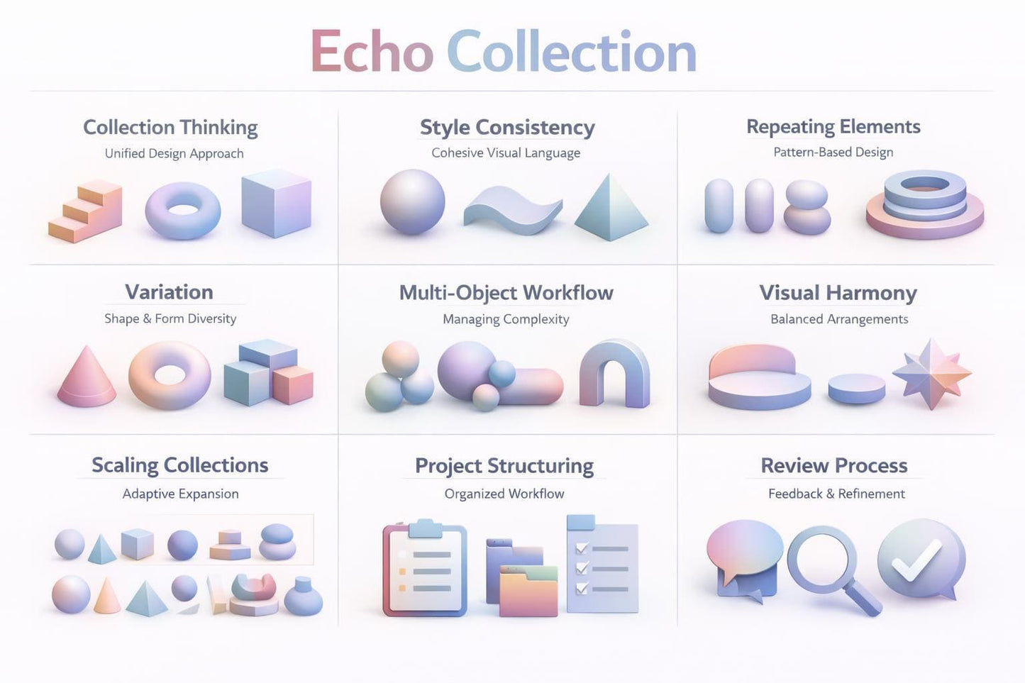 Illustrations of design principles under the 'Echo Collection' with geometric shapes and icons.