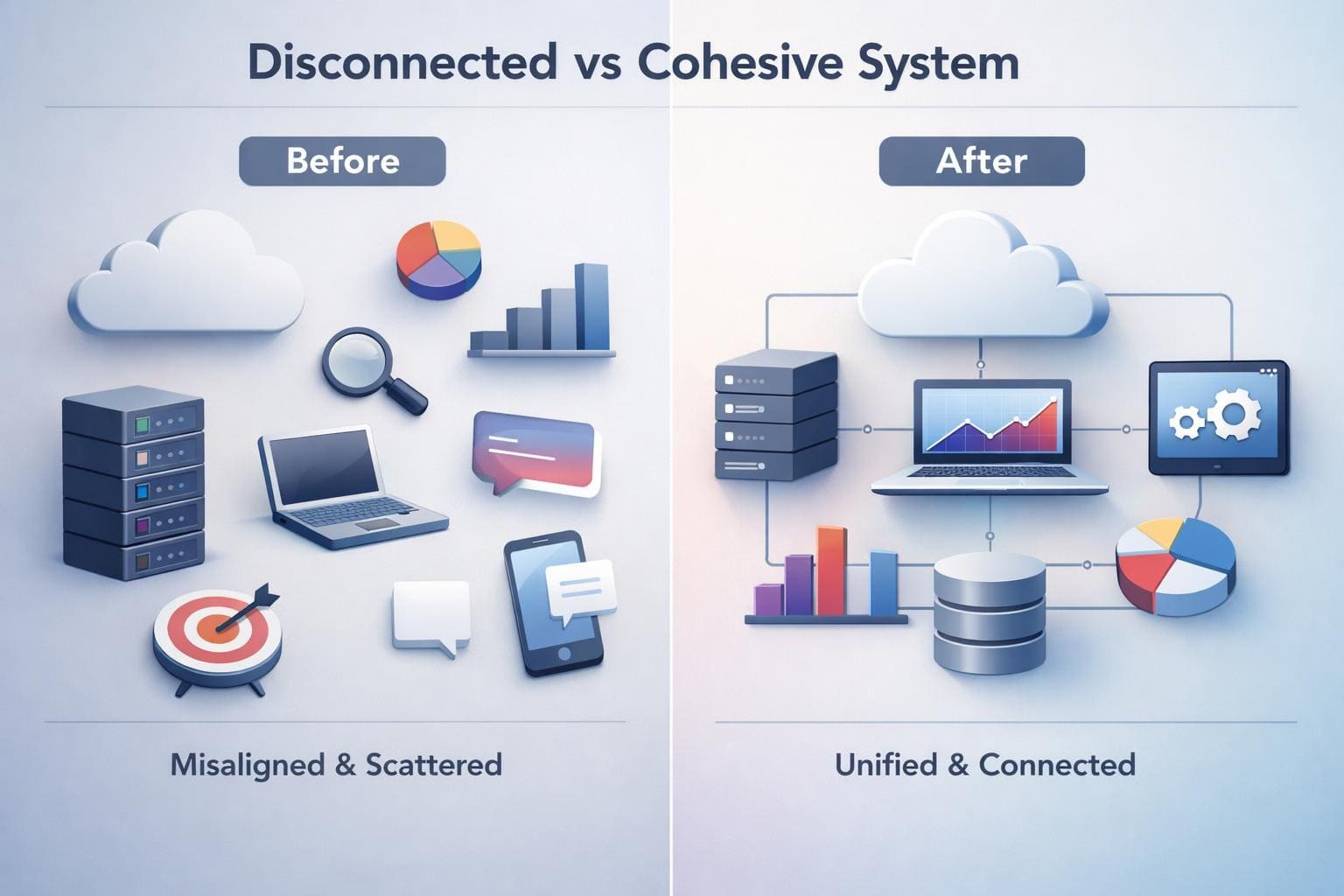 Comparison of a disconnected vs cohesive system with icons and text labels.
