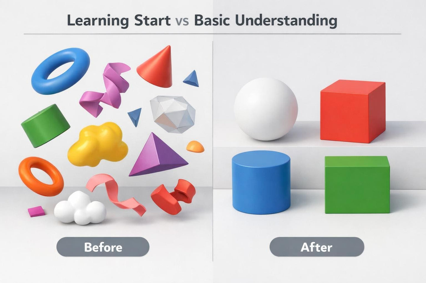 Comparison of colorful 3D shapes labeled 'Before' and 'After' on a white background.