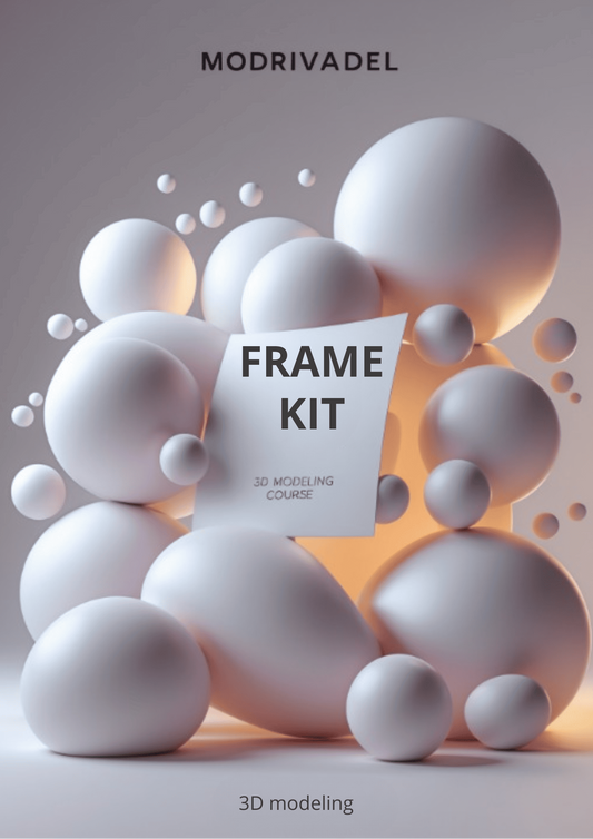 Promotional image for 'Frame Kit' 3D modeling course by Modrivadel with white spheres and a card.