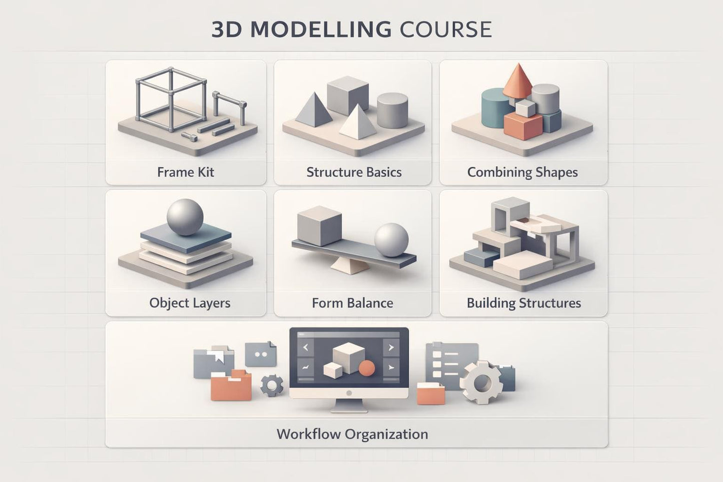 Illustrations of 3D modeling concepts with icons and text on a light gray background