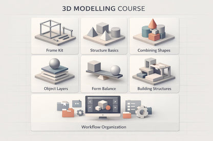 Illustrations of 3D modeling concepts with icons and text on a light gray background
