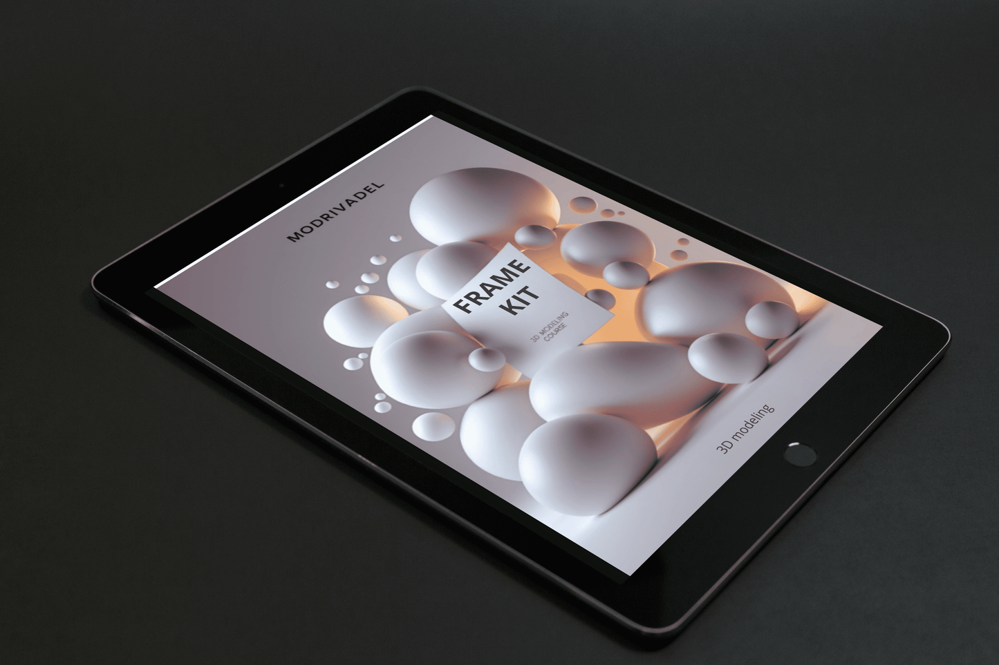 Tablet displaying a 3D modelling course design on a dark background