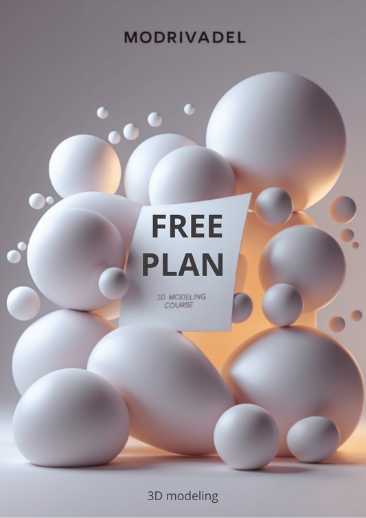 Promotional image for 'Free Plan' 3D modeling course by Modrivadel with white spheres and a card.