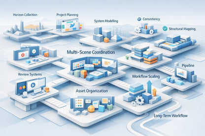 Diagram of project management and workflow systems with various components and processes.