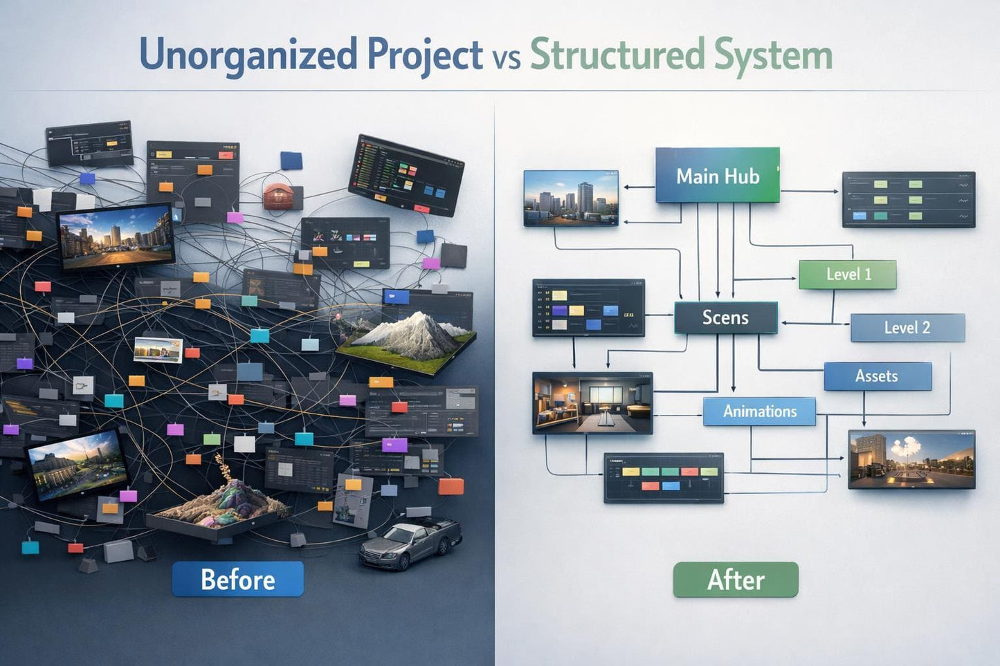 Comparison of an unorganized project layout versus a structured system layout with 'Before' and 'After' labels.