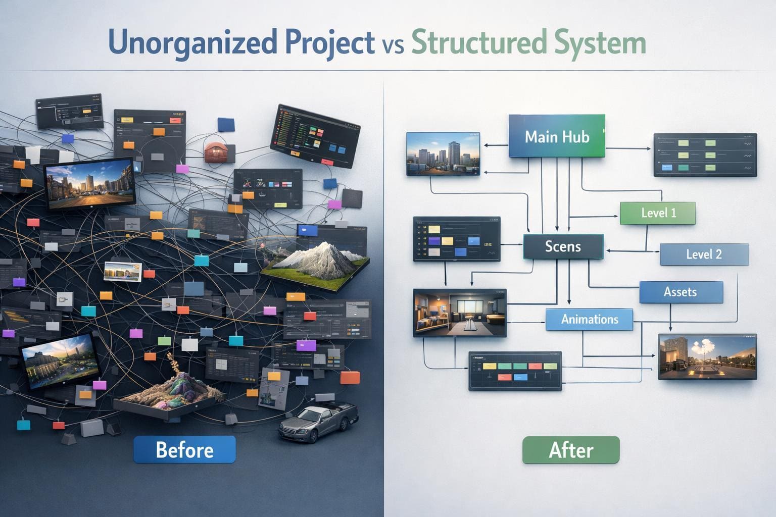 Comparison of an unorganized project layout versus a structured system layout with 'Before' and 'After' labels.