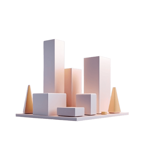 Set of geometric building blocks on a white platform with a green background