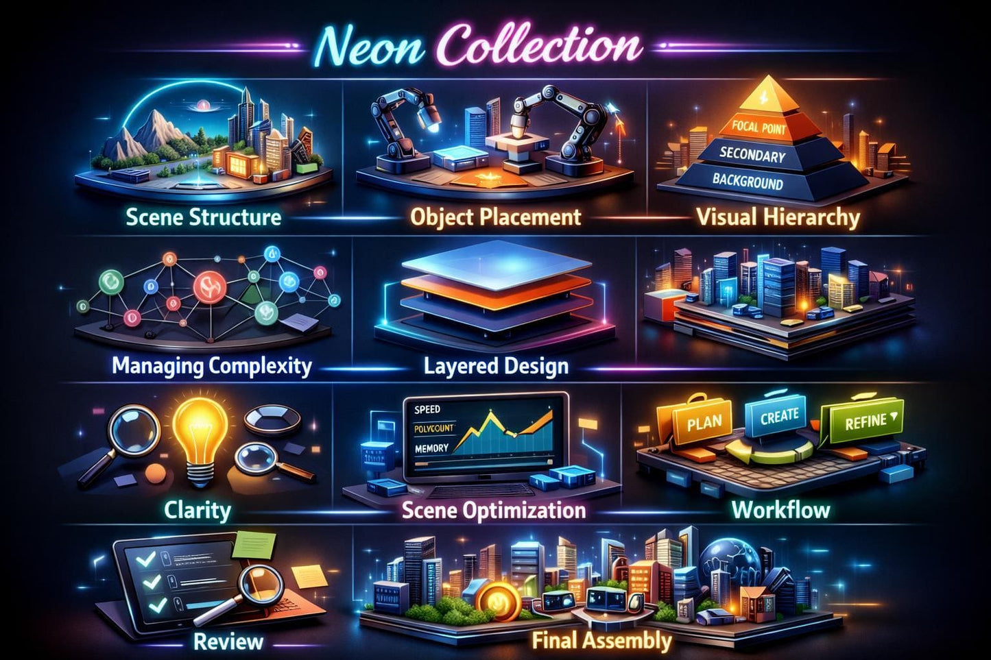 Neon-themed design collection with various elements on a dark background