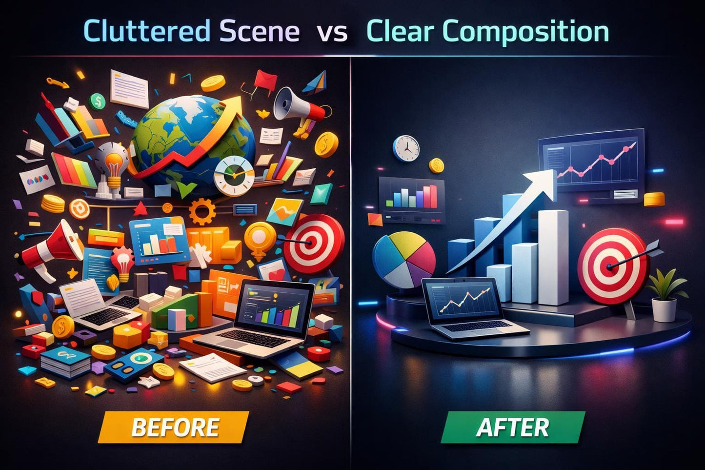 Comparison of a cluttered scene versus a clear composition with charts, graphs, and a laptop.
