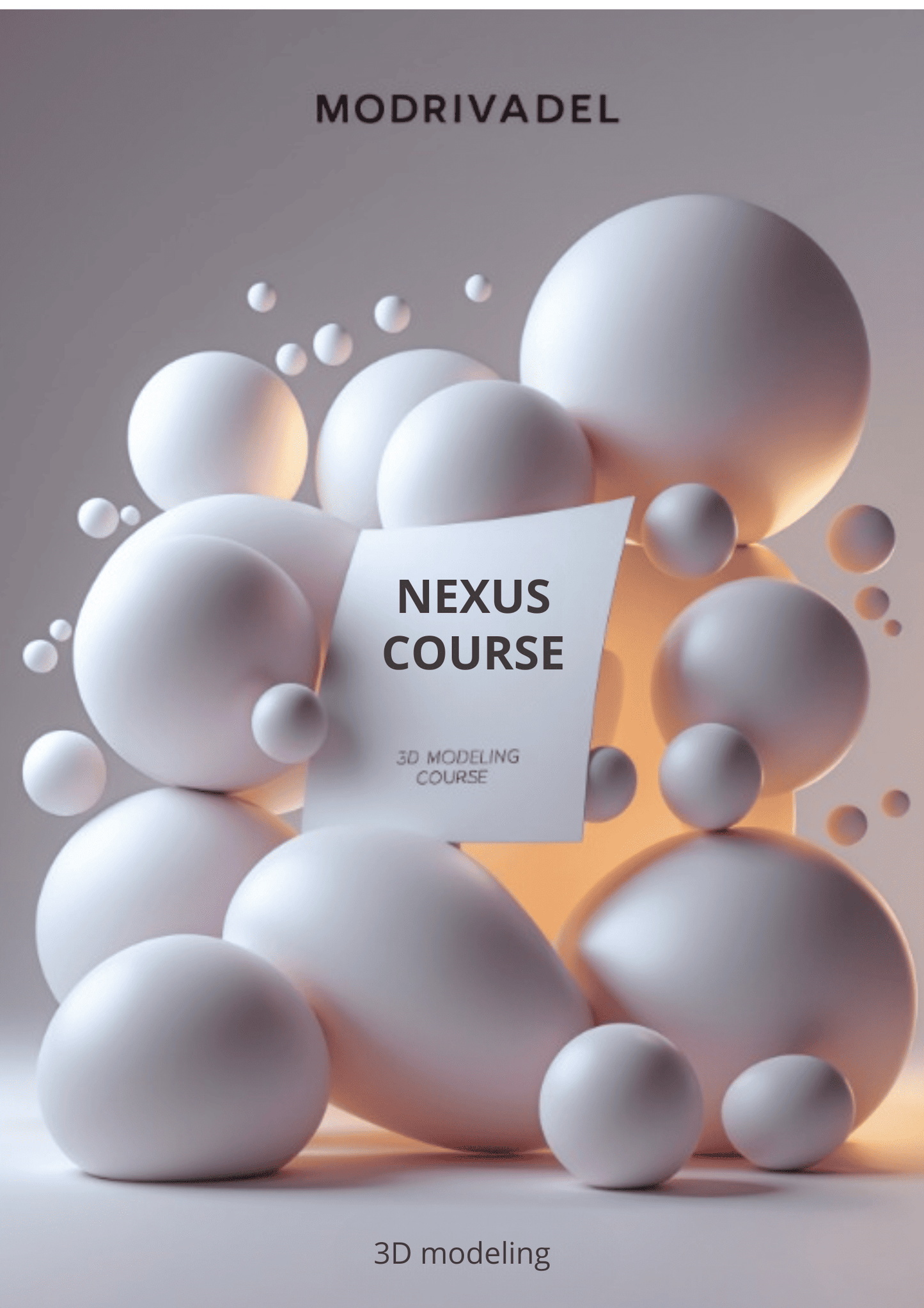 Promotional image for 'Nexus Course' 3D modeling course by Modrivadel with white spheres and a card.