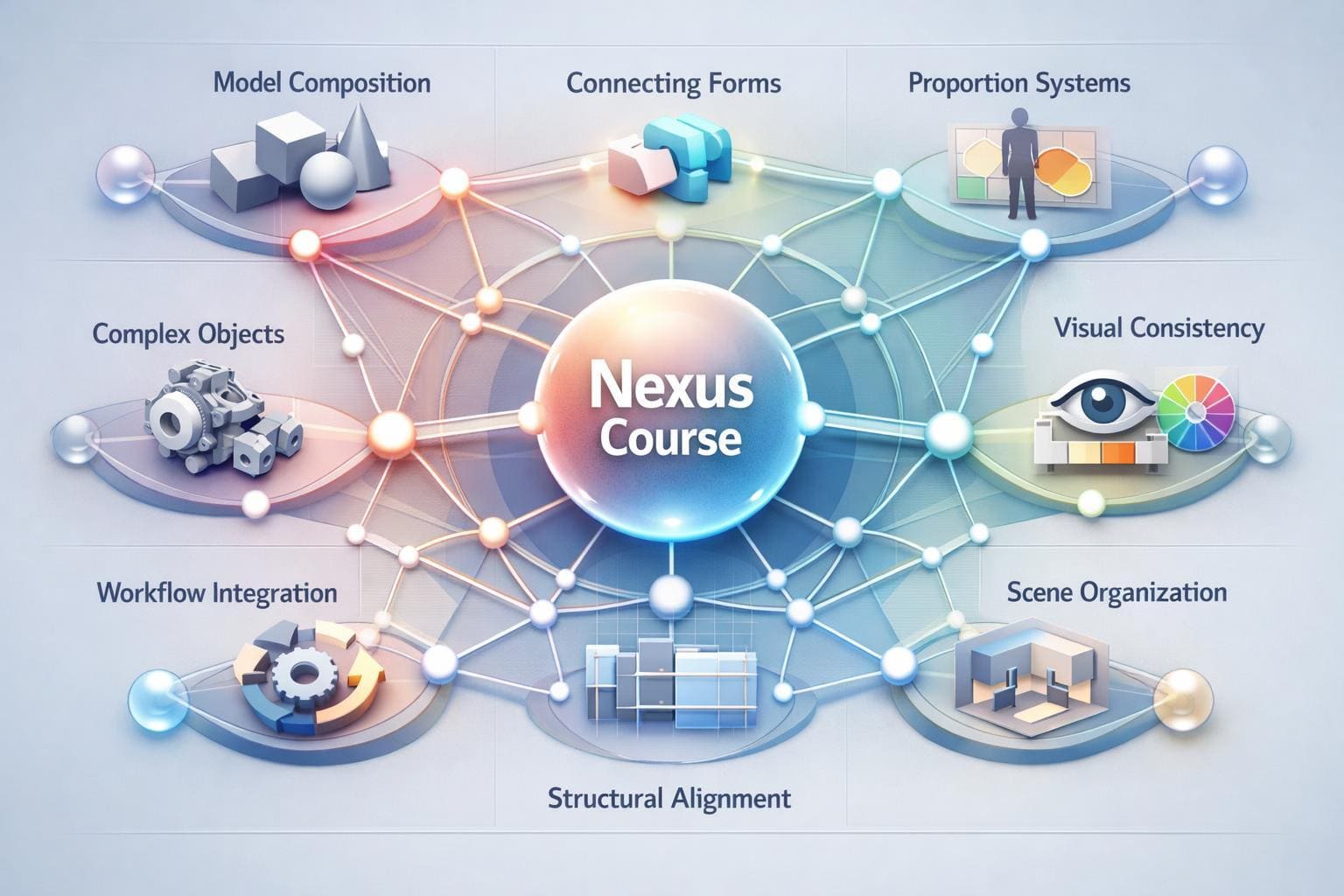Diagram of Nexus Course with interconnected components on a light blue background