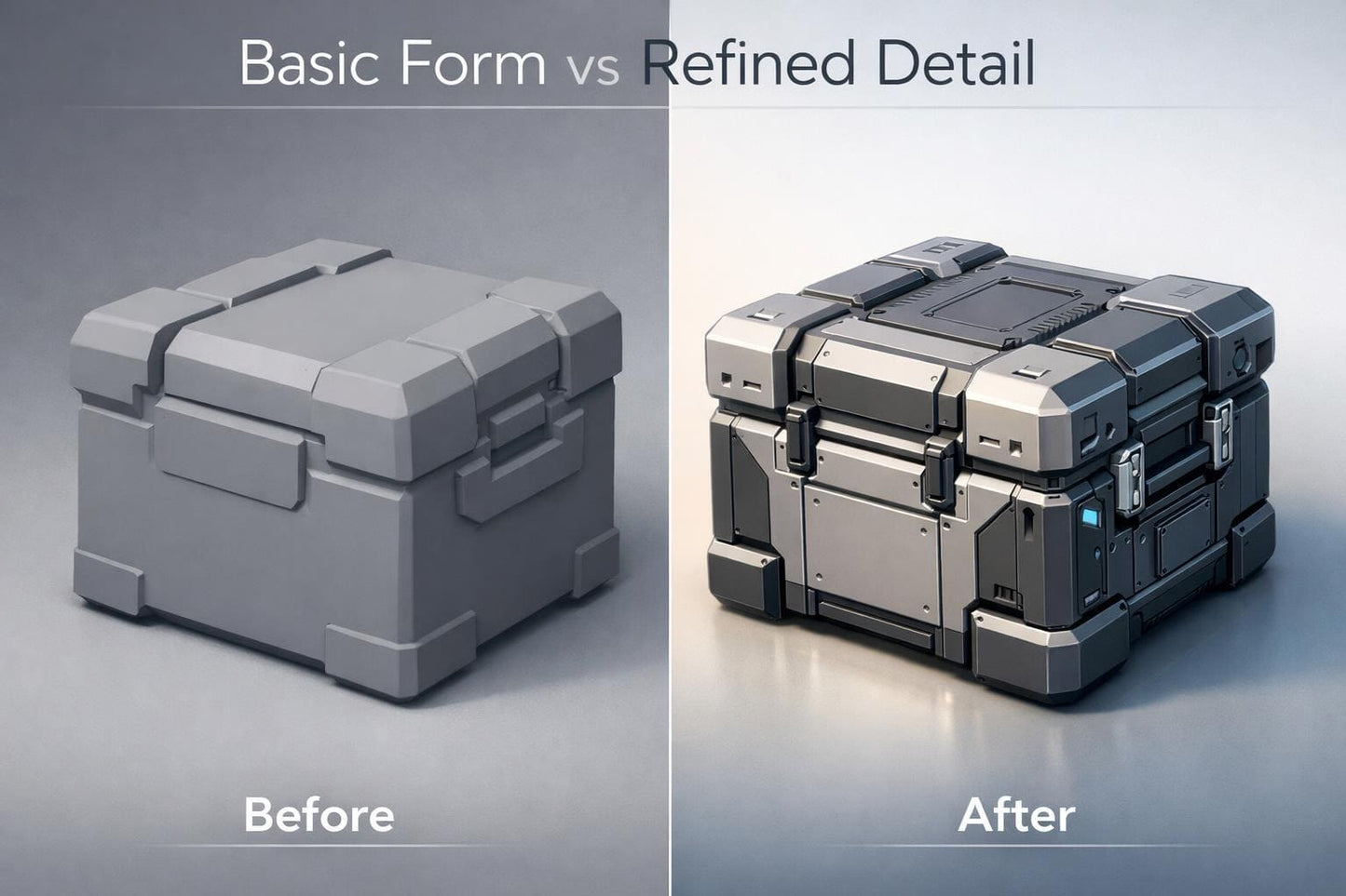 Comparison of a basic form and refined detail design of a container on a gradient background.